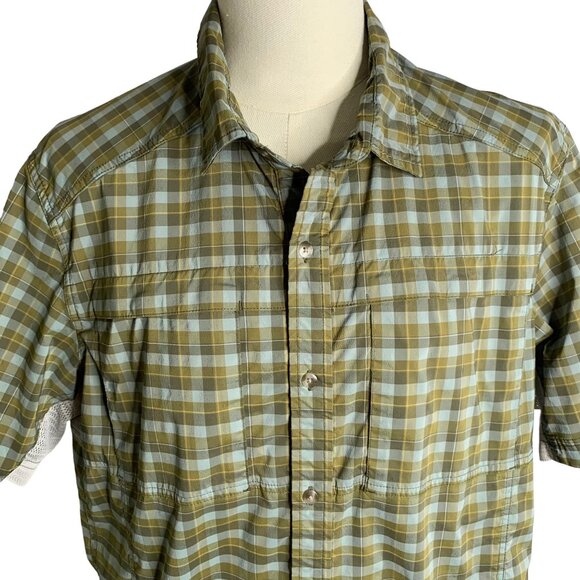 REI Button Up Hiking Fishing Shirt XL Green Checkered Vented Sleeves Pockets - Picture 2 of 6